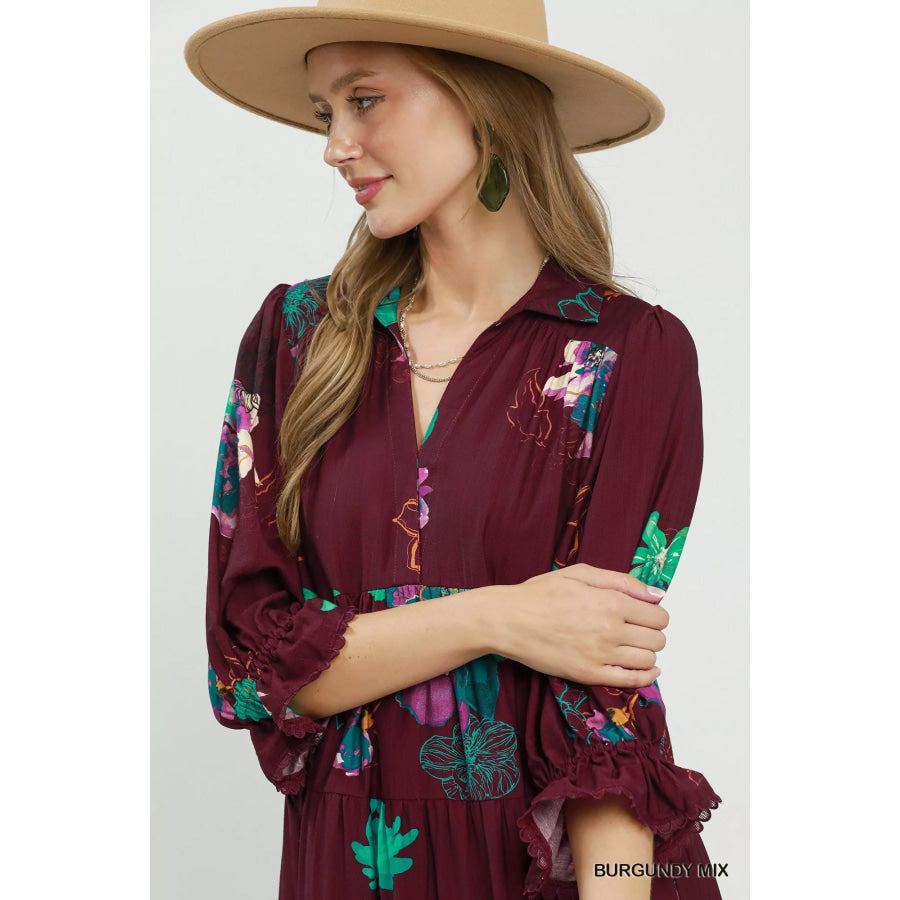 Umgee Floral Print Tiered Midi Dress with Puff Sleeves Apparel and Accessories