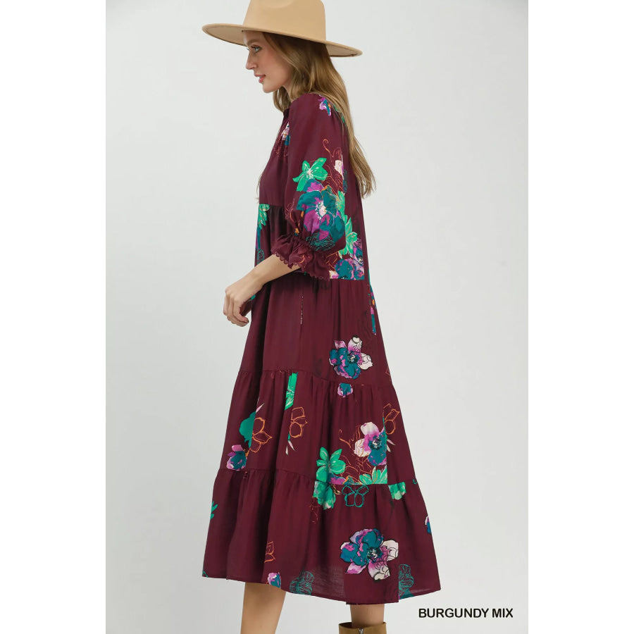 Umgee Floral Print Tiered Midi Dress with Puff Sleeves Apparel and Accessories