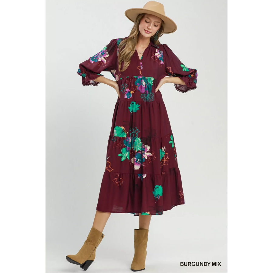 Umgee Floral Print Tiered Midi Dress with Puff Sleeves Apparel and Accessories