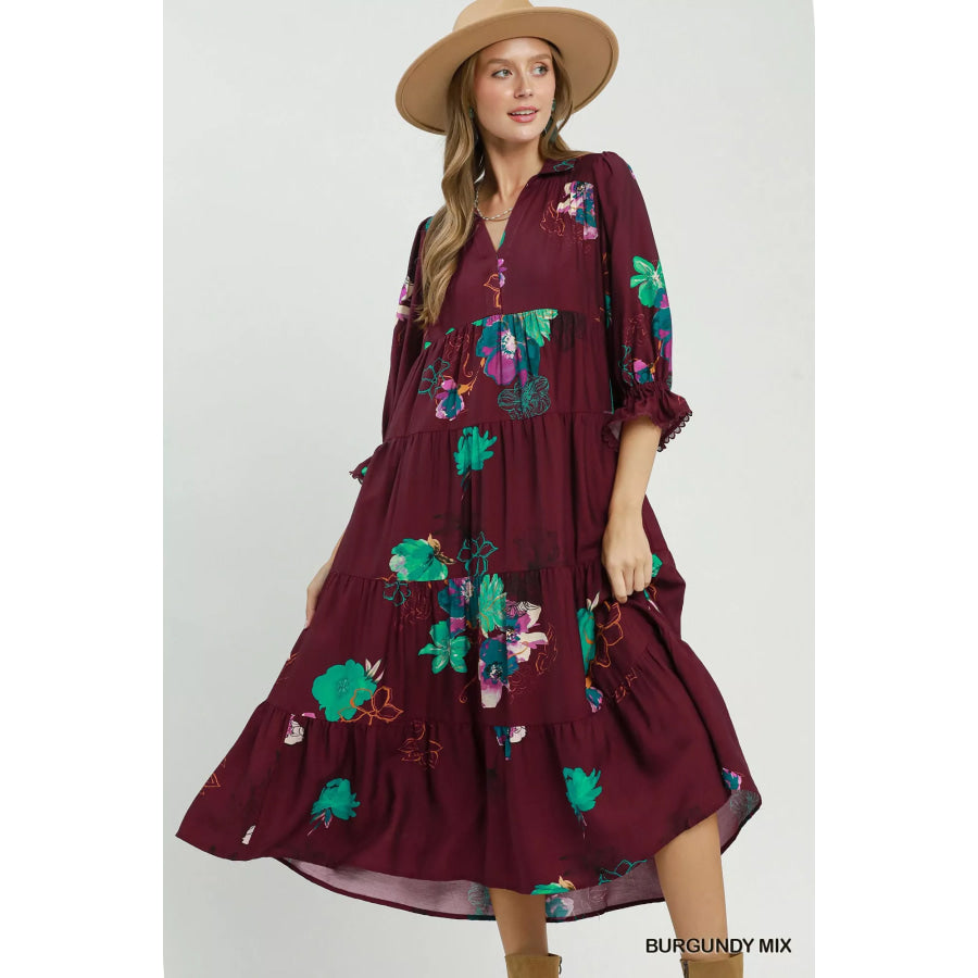 Umgee Floral Print Tiered Midi Dress with Puff Sleeves BURGUNDY MIX / S Apparel and Accessories