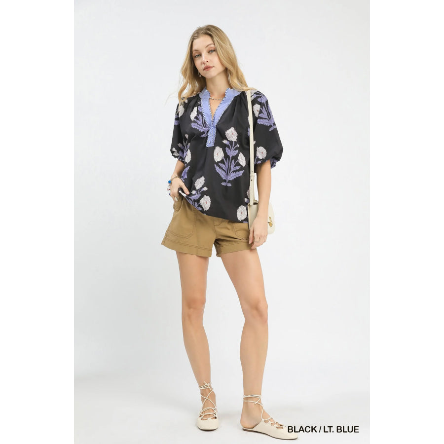 Umgee Floral Print V-Neck Top Apparel and Accessories