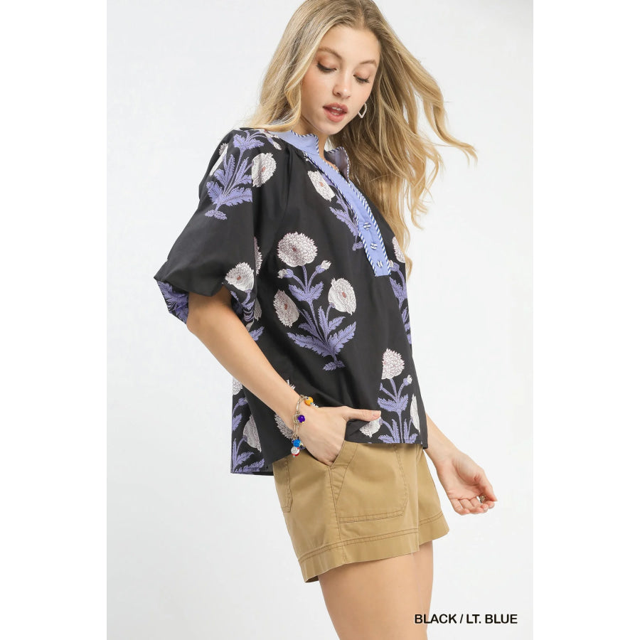 Umgee Floral Print V-Neck Top BLACK / LT. BLUE / S Apparel and Accessories