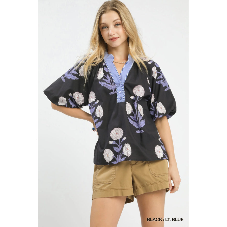 Umgee Floral Print V-Neck Top BLACK / LT. BLUE / S Apparel and Accessories