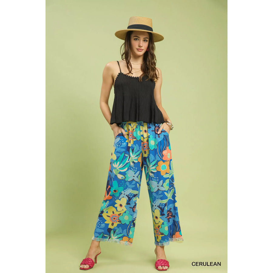 Umgee Floral Print Wide Leg Pants Apparel and Accessories