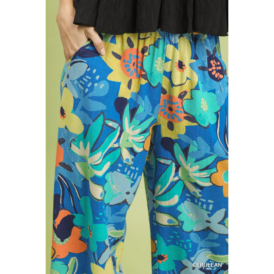 Umgee Floral Print Wide Leg Pants Apparel and Accessories