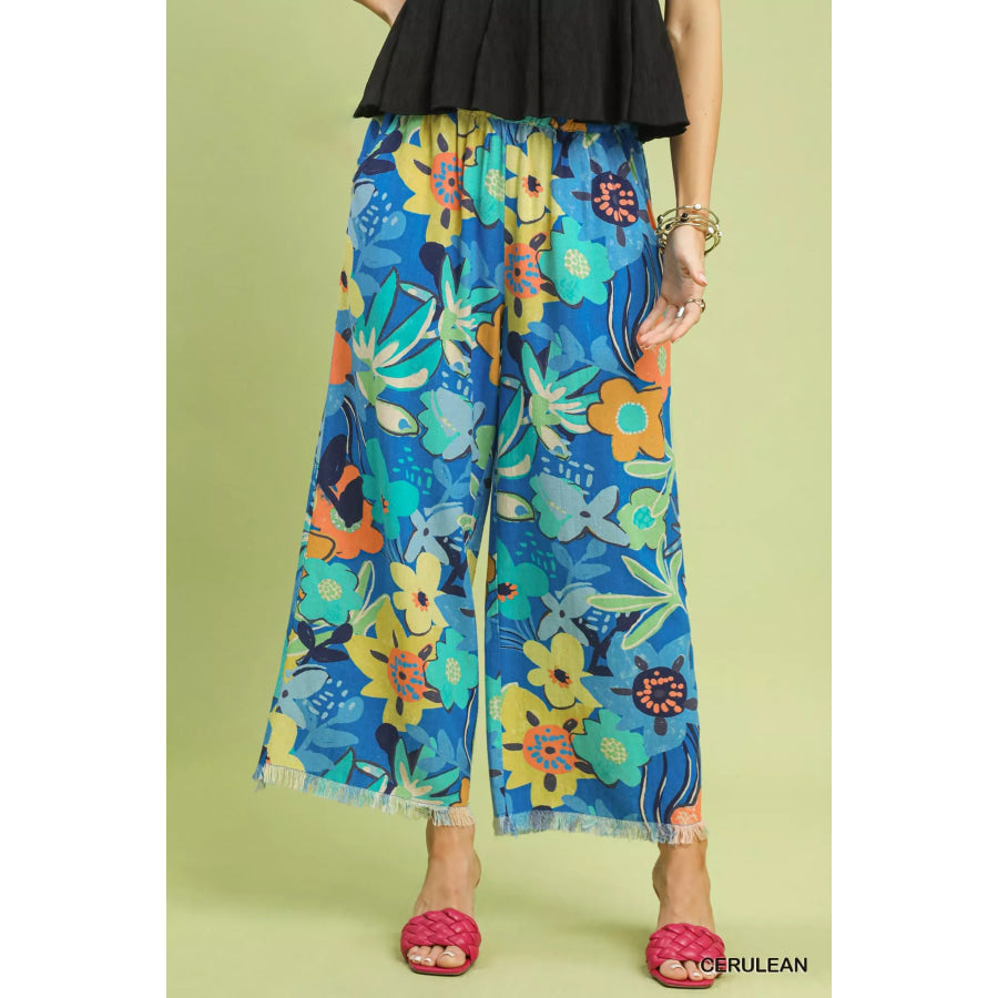 Umgee Floral Print Wide Leg Pants CERULEAN / S Apparel and Accessories