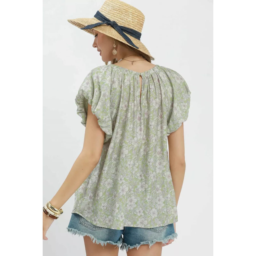Umgee Floral Puff Sleeve Blouse Apparel and Accessories