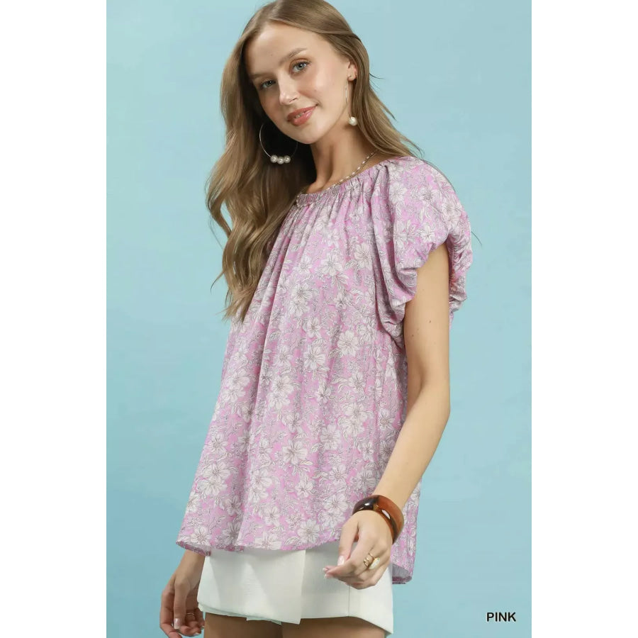 Umgee Umgee Floral Puff Sleeve Blouse PINK / S Apparel and Accessories
