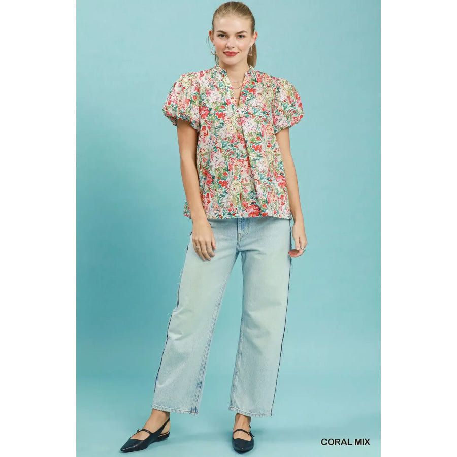 Umgee Floral Puff Sleeve Blouse Apparel and Accessories