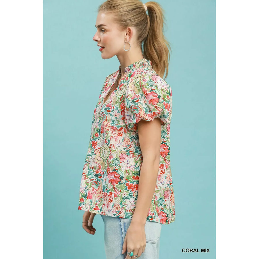 Umgee Floral Puff Sleeve Blouse Apparel and Accessories