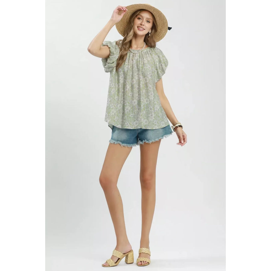 Umgee Floral Puff Sleeve Blouse Apparel and Accessories