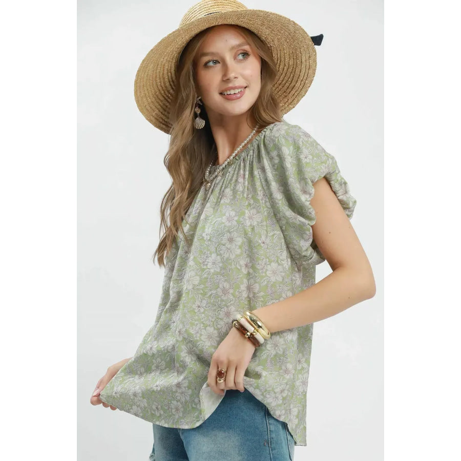 Umgee Floral Puff Sleeve Blouse SAGE / S Apparel and Accessories