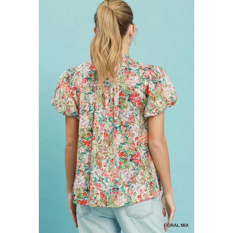 Umgee Floral Puff Sleeve Blouse Apparel and Accessories