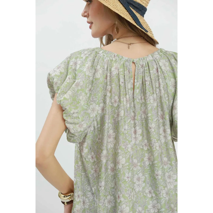Umgee Floral Puff Sleeve Blouse Apparel and Accessories