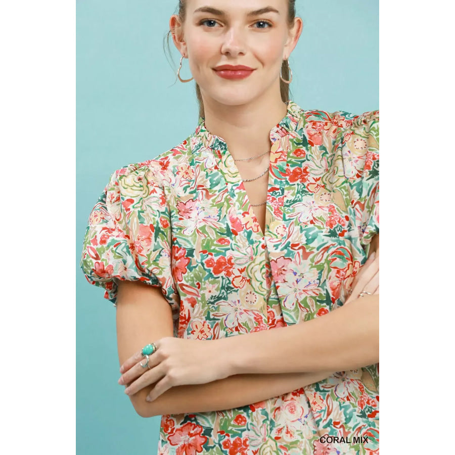 Umgee Floral Puff Sleeve Blouse Apparel and Accessories