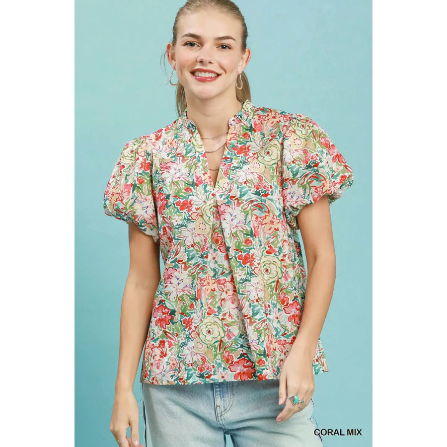 Umgee Floral Puff Sleeve Blouse CORAL MIX / S Apparel and Accessories