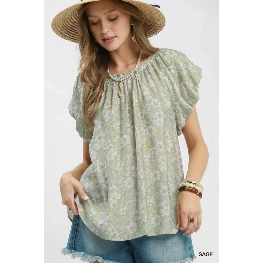 Umgee Floral Puff Sleeve Blouse SAGE / S Apparel and Accessories