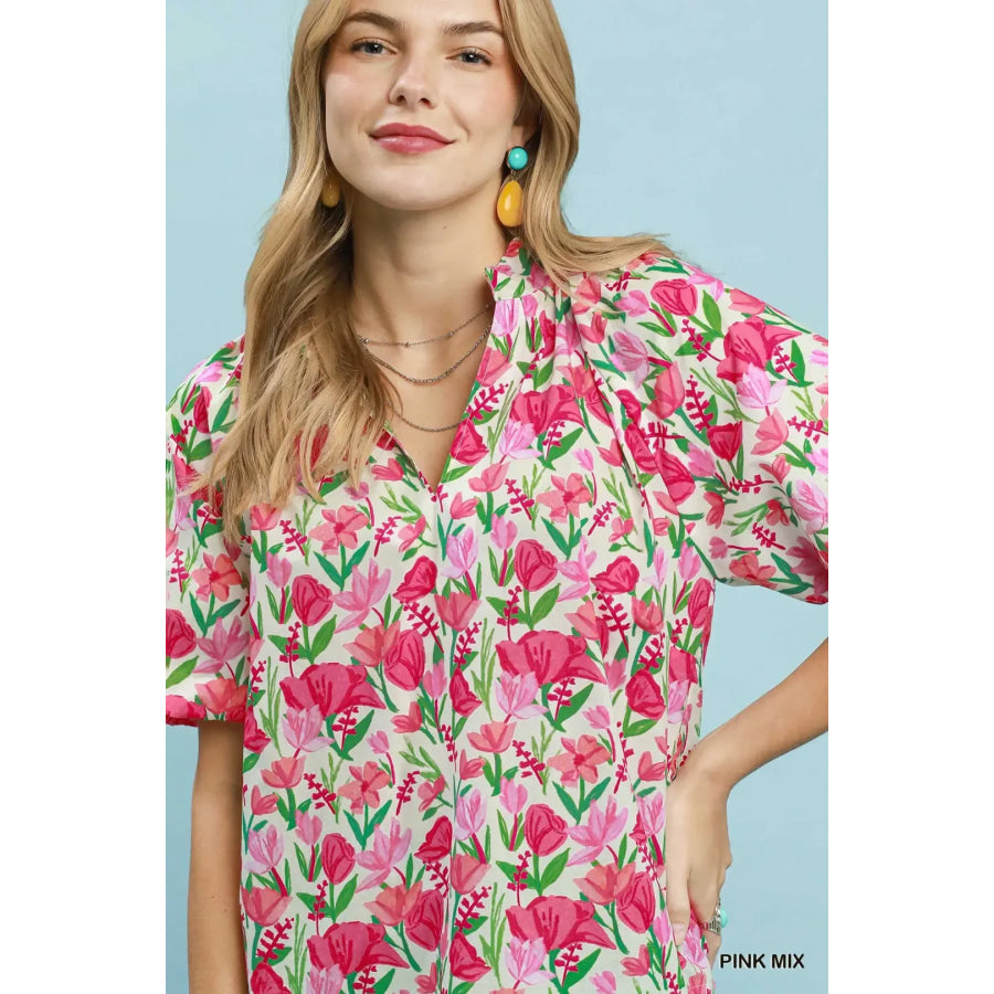 Umgee Floral Puff Sleeve Blouse with Scalloped Details Apparel and Accessories