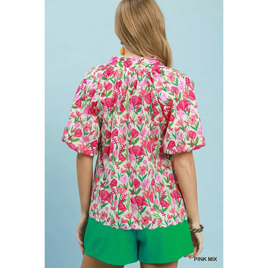 Umgee Floral Puff Sleeve Blouse with Scalloped Details Apparel and Accessories