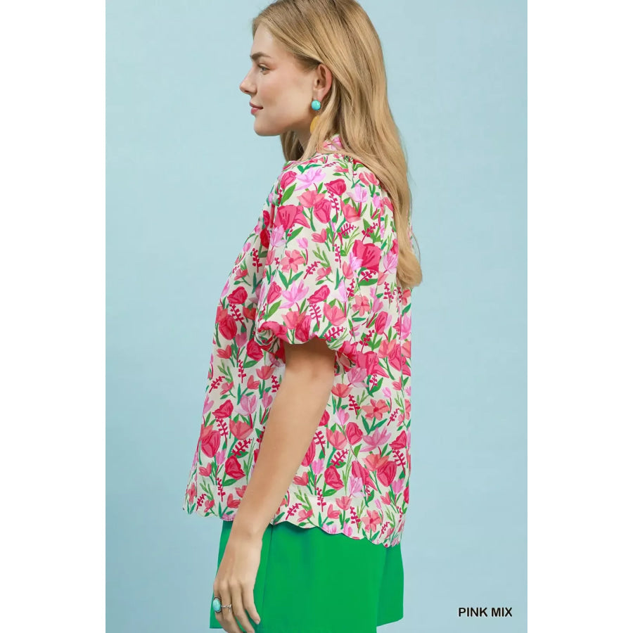 Umgee Floral Puff Sleeve Blouse with Scalloped Details PINK MIX / S Apparel and Accessories