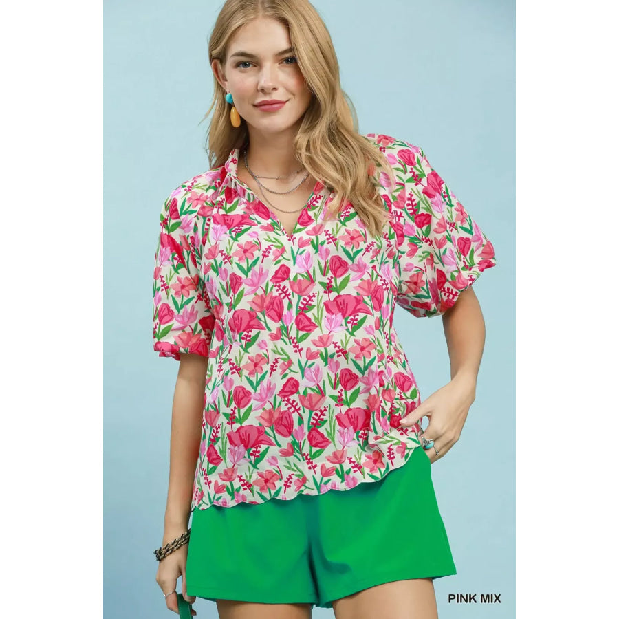 Umgee Floral Puff Sleeve Blouse with Scalloped Details PINK MIX / S Apparel and Accessories