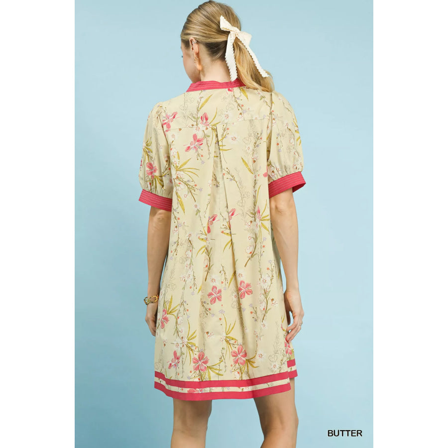 Umgee Floral Puff Sleeve Dress with Contrast Trim Apparel and Accessories