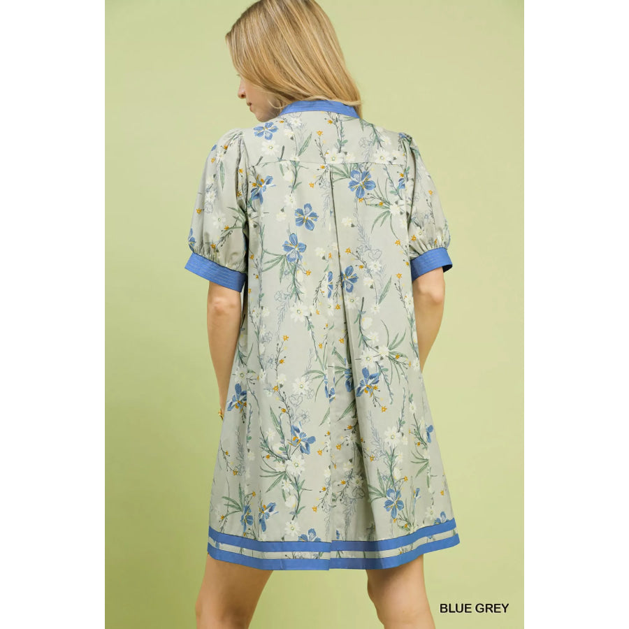 Umgee Floral Puff Sleeve Dress with Contrast Trim BLUE GREY / S Apparel and Accessories