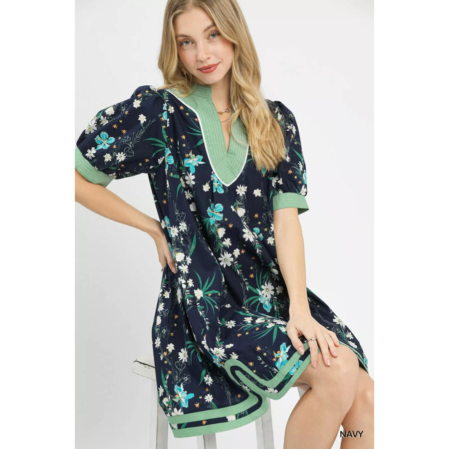 Umgee Floral Puff Sleeve Dress with Contrast Trim Apparel and Accessories