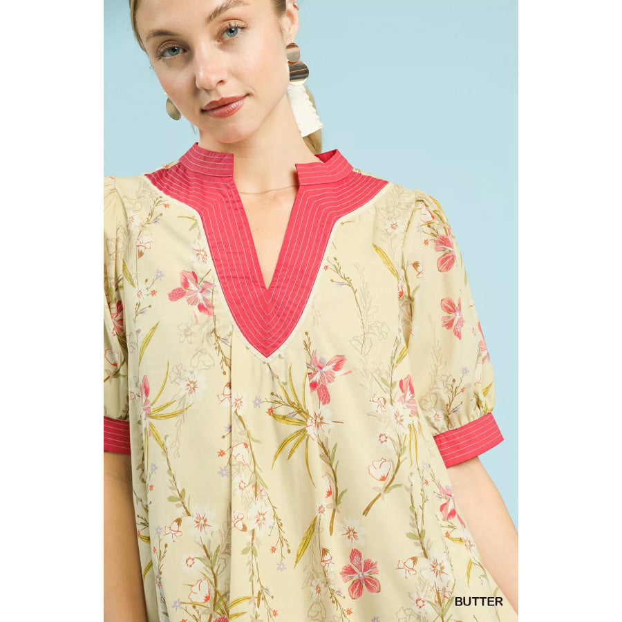 Umgee Floral Puff Sleeve Dress with Contrast Trim Apparel and Accessories