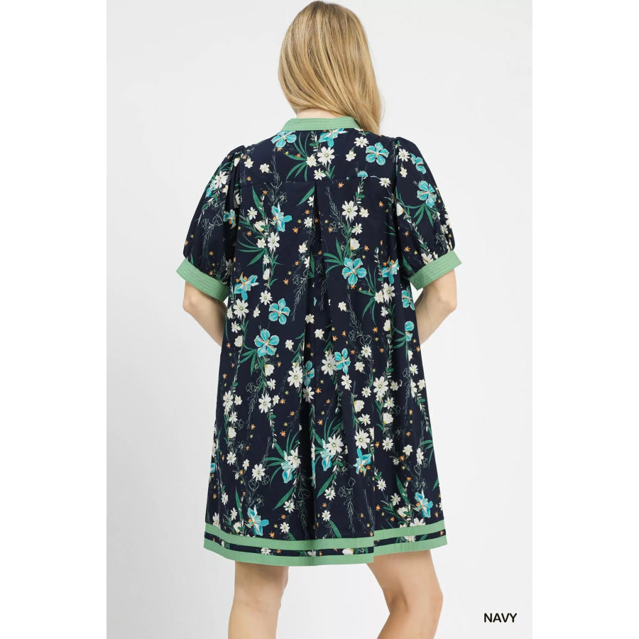 Umgee Floral Puff Sleeve Dress with Contrast Trim Apparel and Accessories