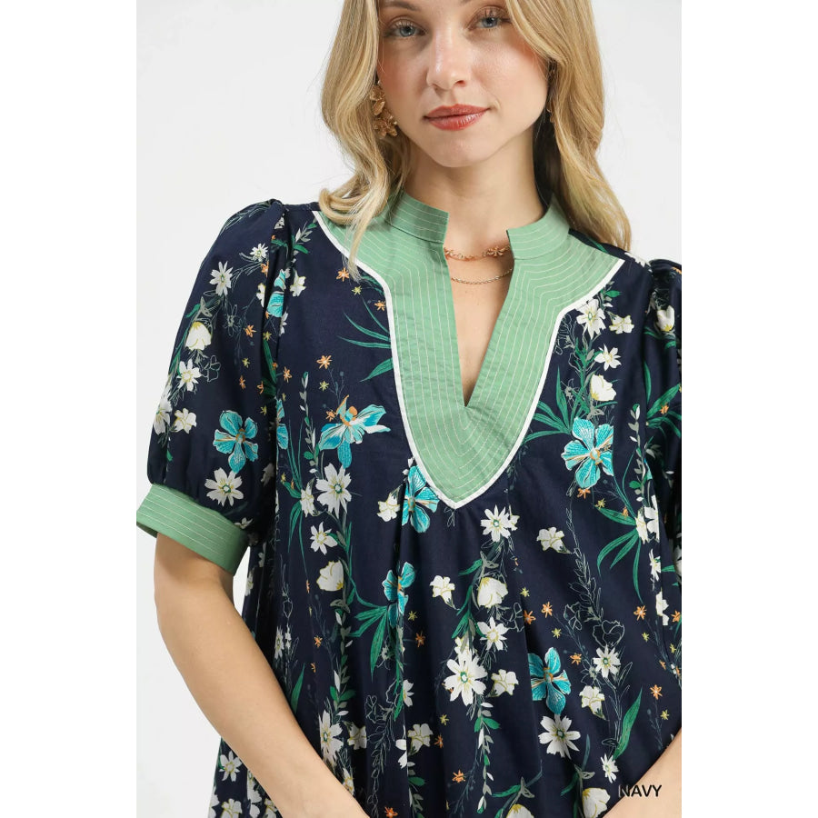 Umgee Floral Puff Sleeve Dress with Contrast Trim Apparel and Accessories