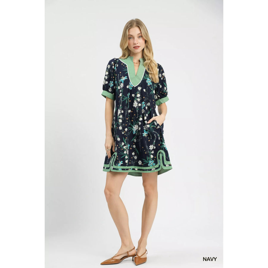 Umgee Floral Puff Sleeve Dress with Contrast Trim Apparel and Accessories