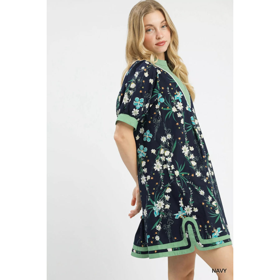 Umgee Floral Puff Sleeve Dress with Contrast Trim Navy / S Apparel and Accessories