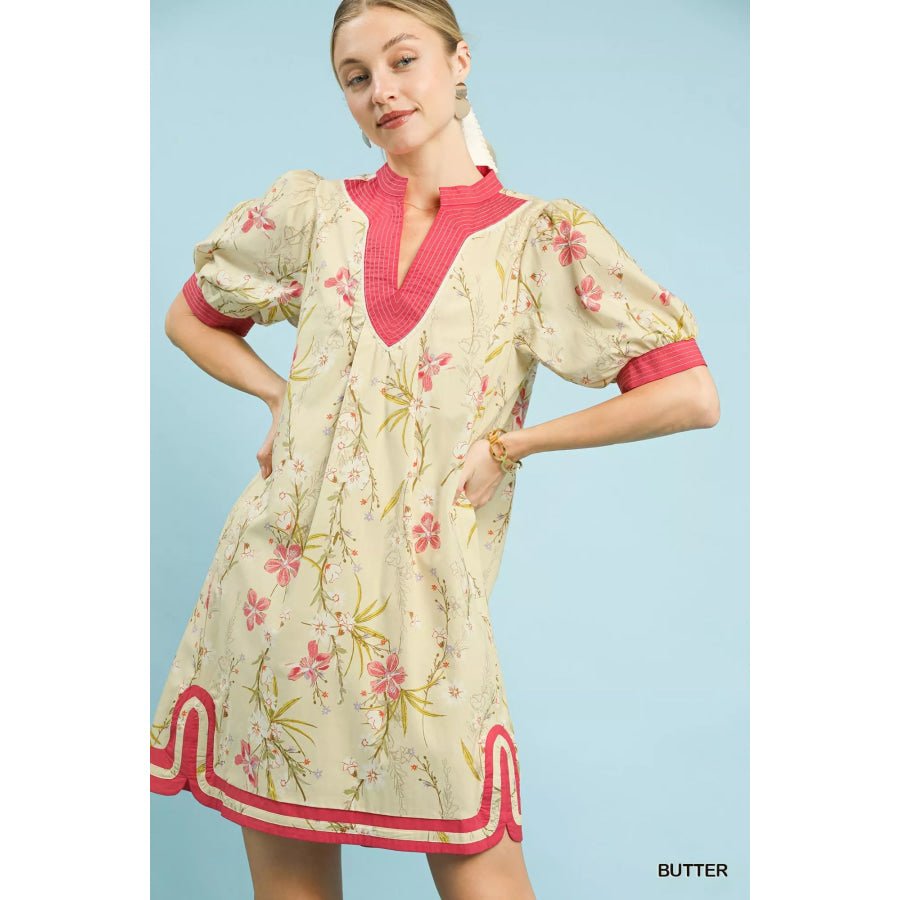 Umgee Floral Puff Sleeve Dress with Contrast Trim Apparel and Accessories