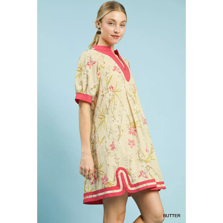 Umgee Floral Puff Sleeve Dress with Contrast Trim Apparel and Accessories