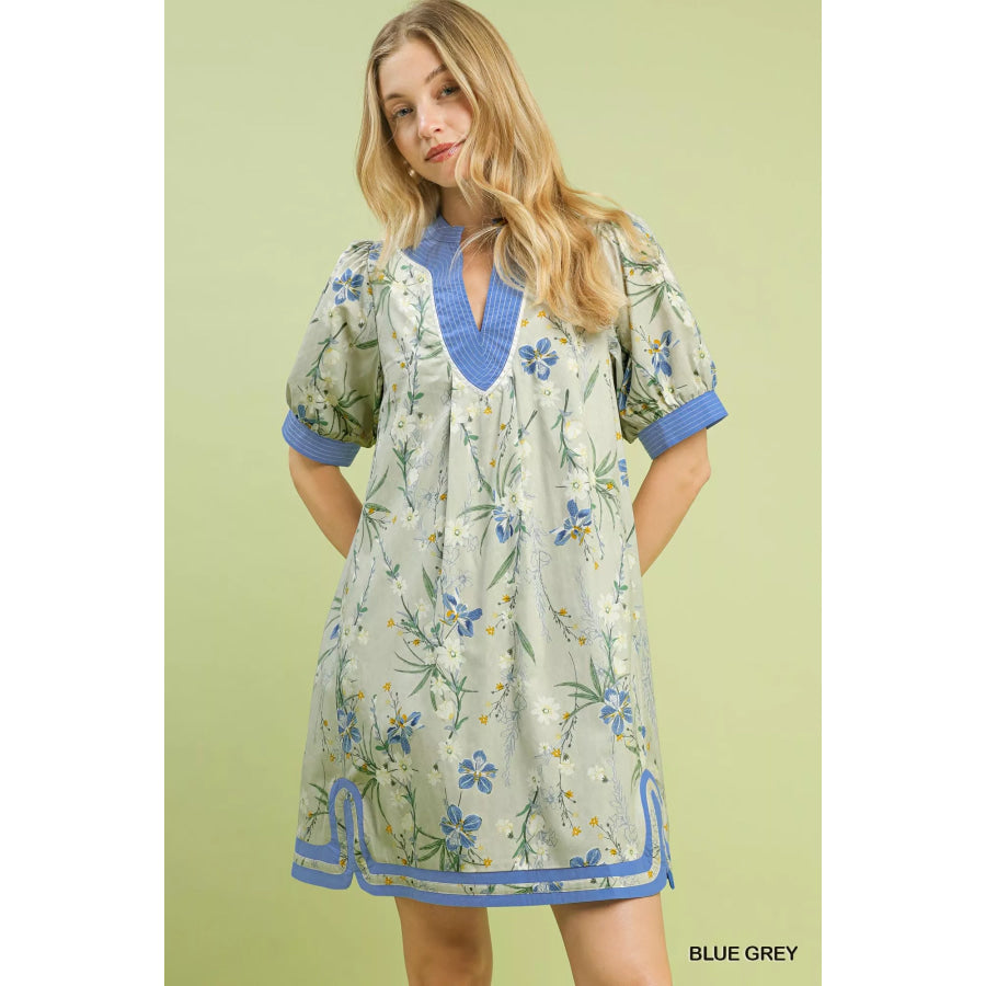 Umgee Floral Puff Sleeve Dress with Contrast Trim BLUE GREY / S Apparel and Accessories