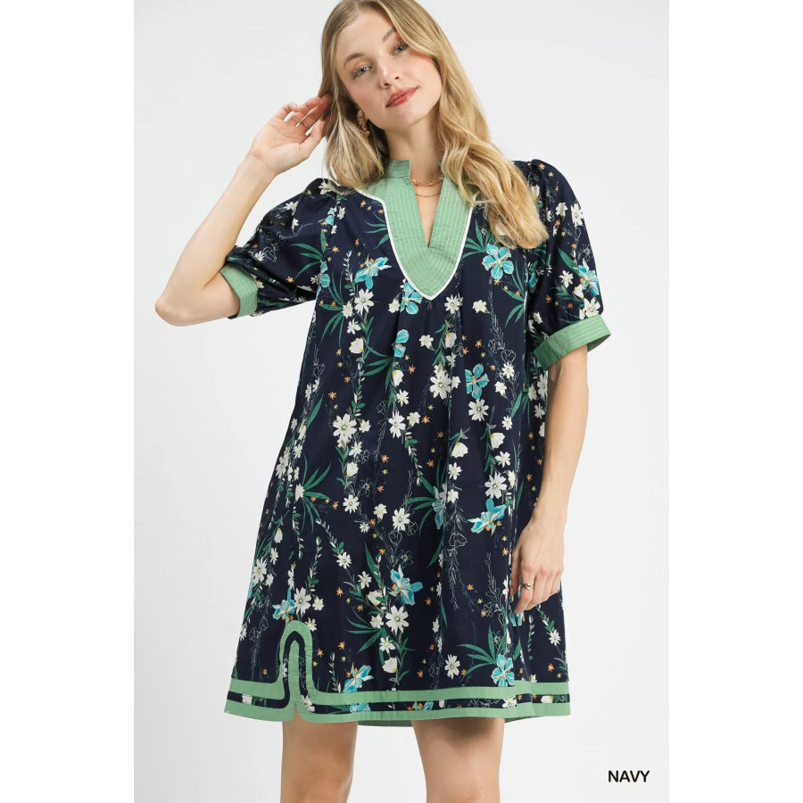 Umgee Floral Puff Sleeve Dress with Contrast Trim Navy / S Apparel and Accessories