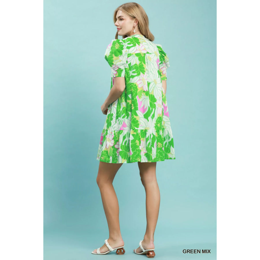 Umgee Floral Puff Sleeve Tiered Mini Dress Apparel and Accessories