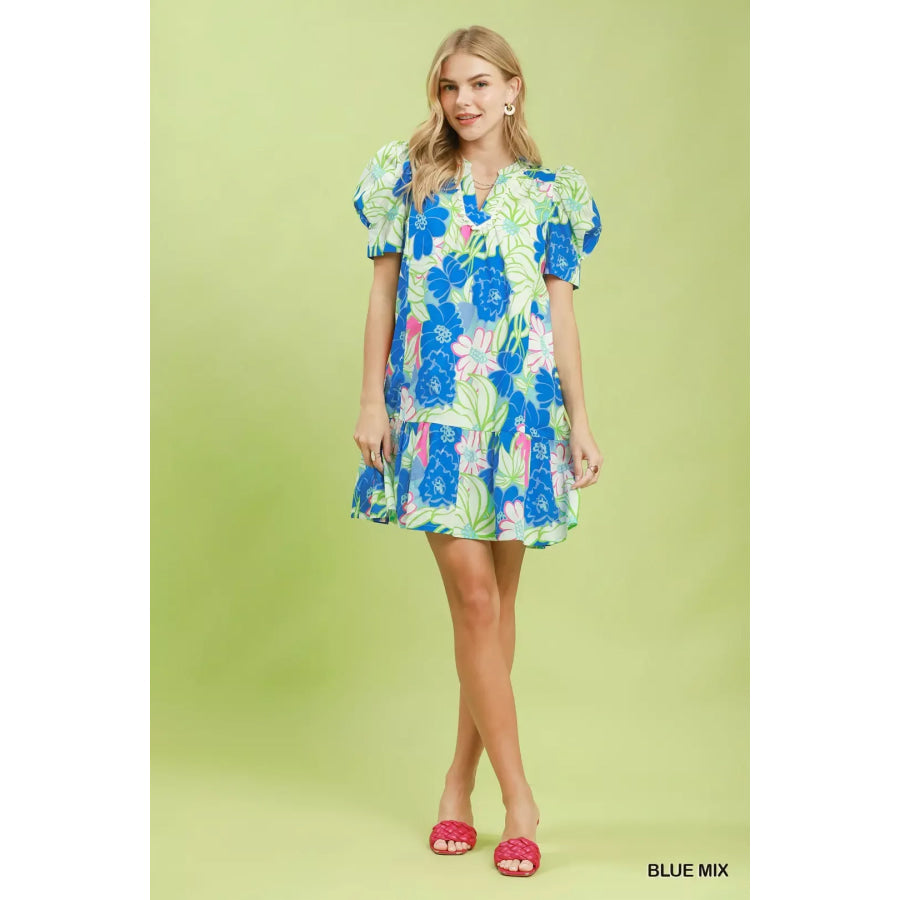 Umgee Floral Puff Sleeve Tiered Mini Dress Apparel and Accessories