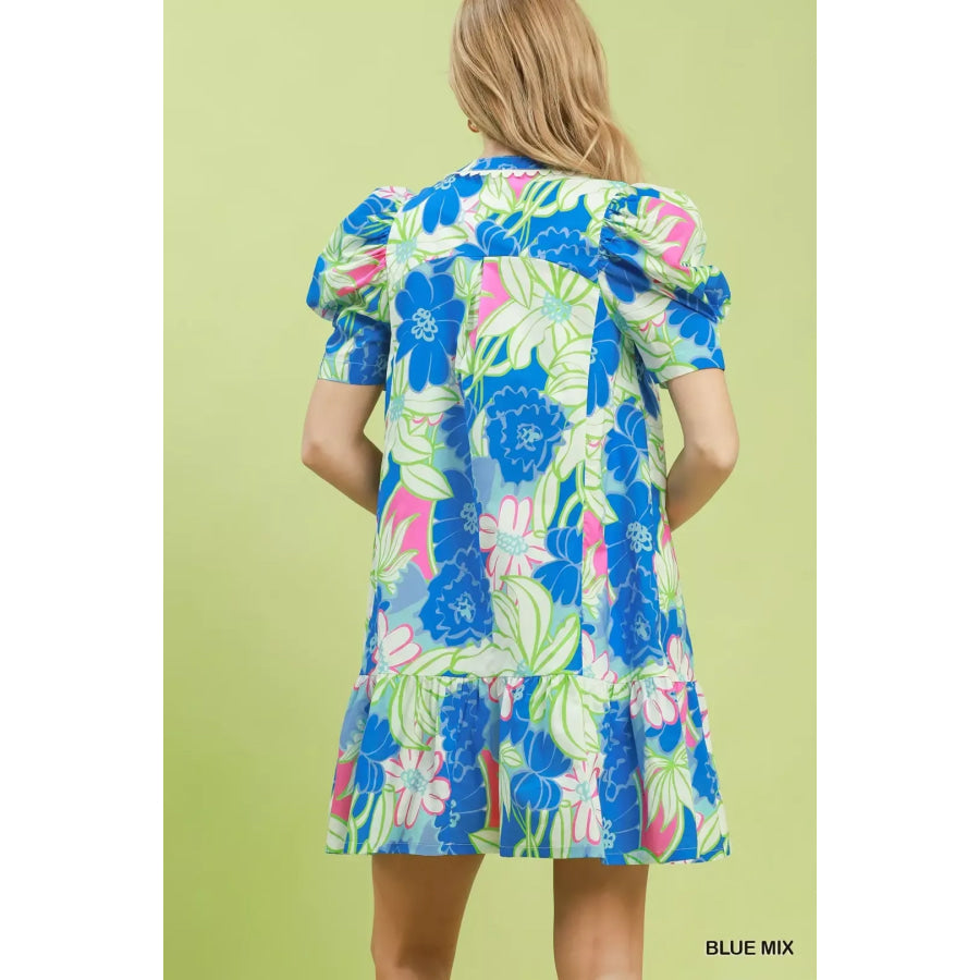 Umgee Floral Puff Sleeve Tiered Mini Dress Apparel and Accessories