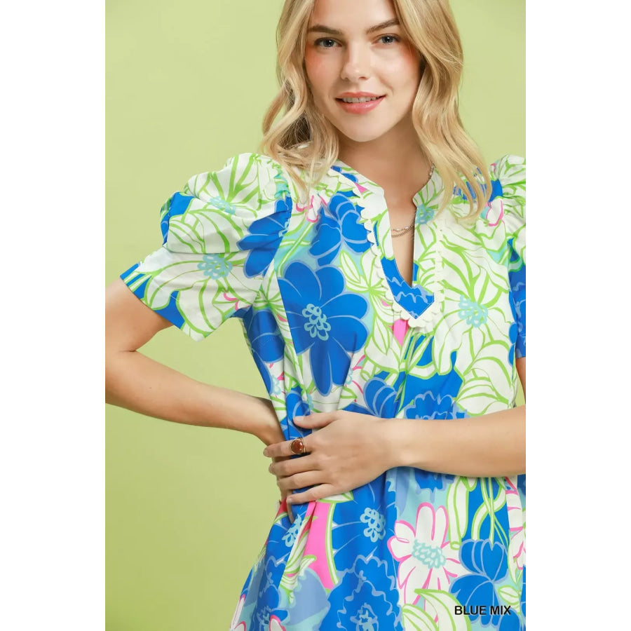 Umgee Floral Puff Sleeve Tiered Mini Dress Apparel and Accessories
