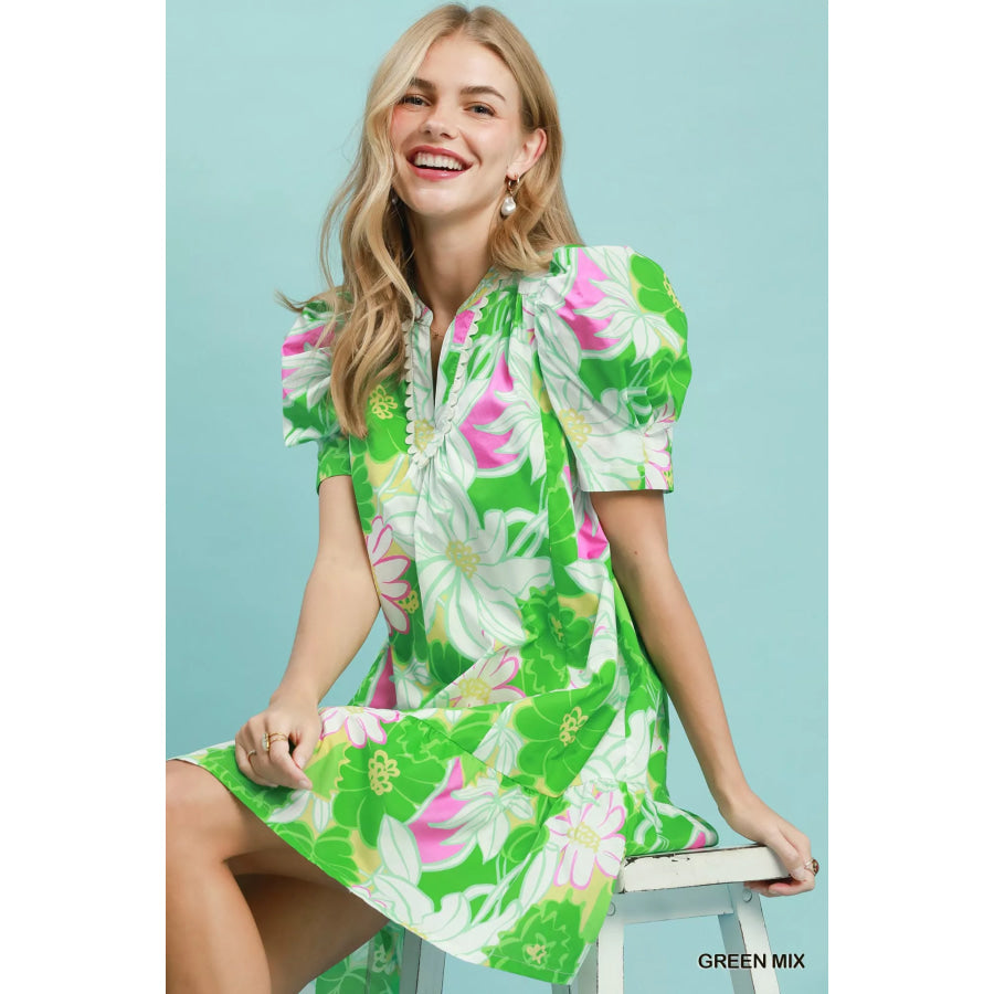 Umgee Floral Puff Sleeve Tiered Mini Dress Apparel and Accessories