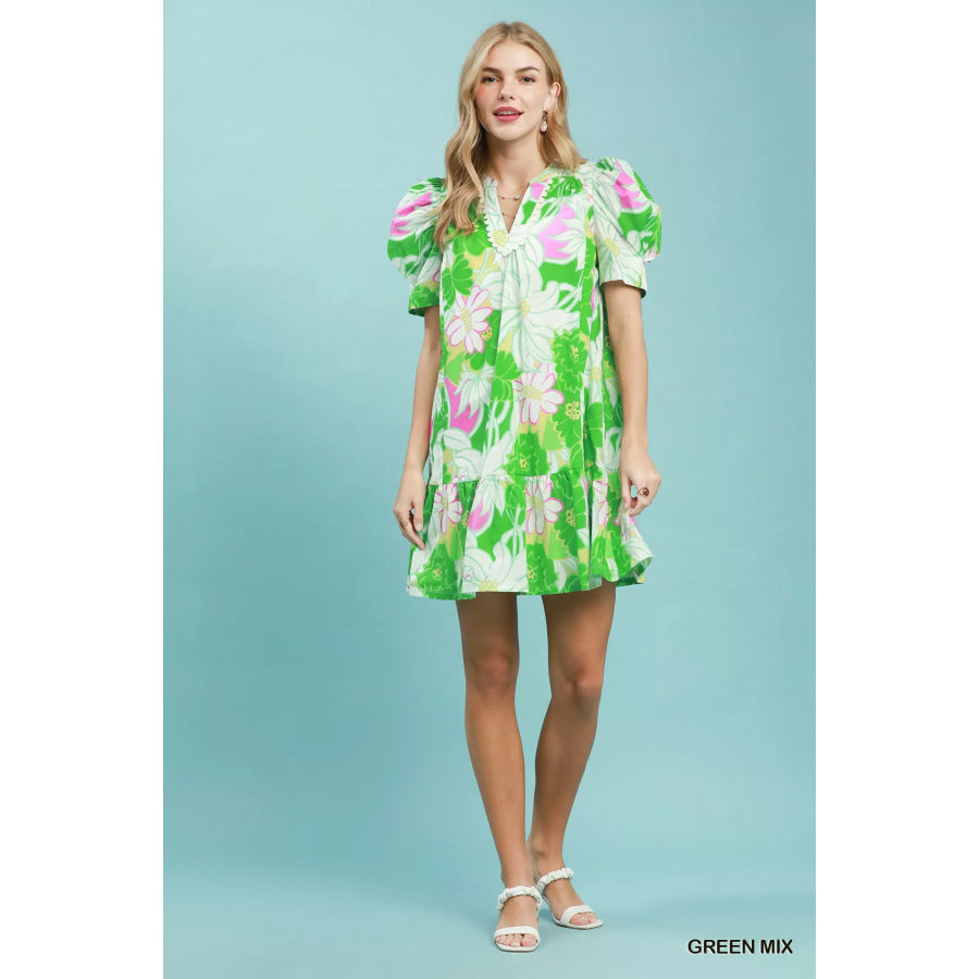 Umgee Floral Puff Sleeve Tiered Mini Dress Apparel and Accessories
