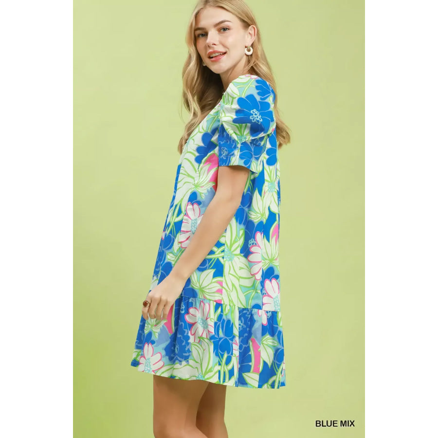 Umgee Floral Puff Sleeve Tiered Mini Dress Apparel and Accessories