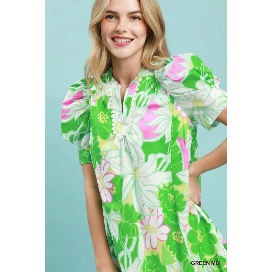Umgee Floral Puff Sleeve Tiered Mini Dress Apparel and Accessories
