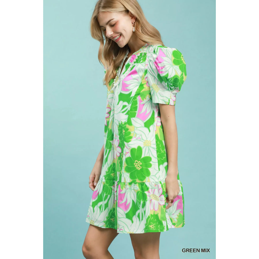 Umgee Floral Puff Sleeve Tiered Mini Dress GREEN MIX / S Apparel and Accessories