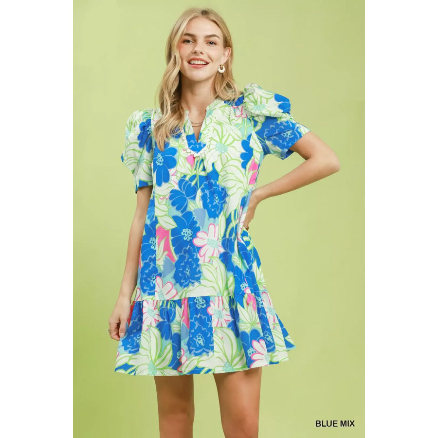 Umgee Floral Puff Sleeve Tiered Mini Dress BLUE MIX / S Apparel and Accessories