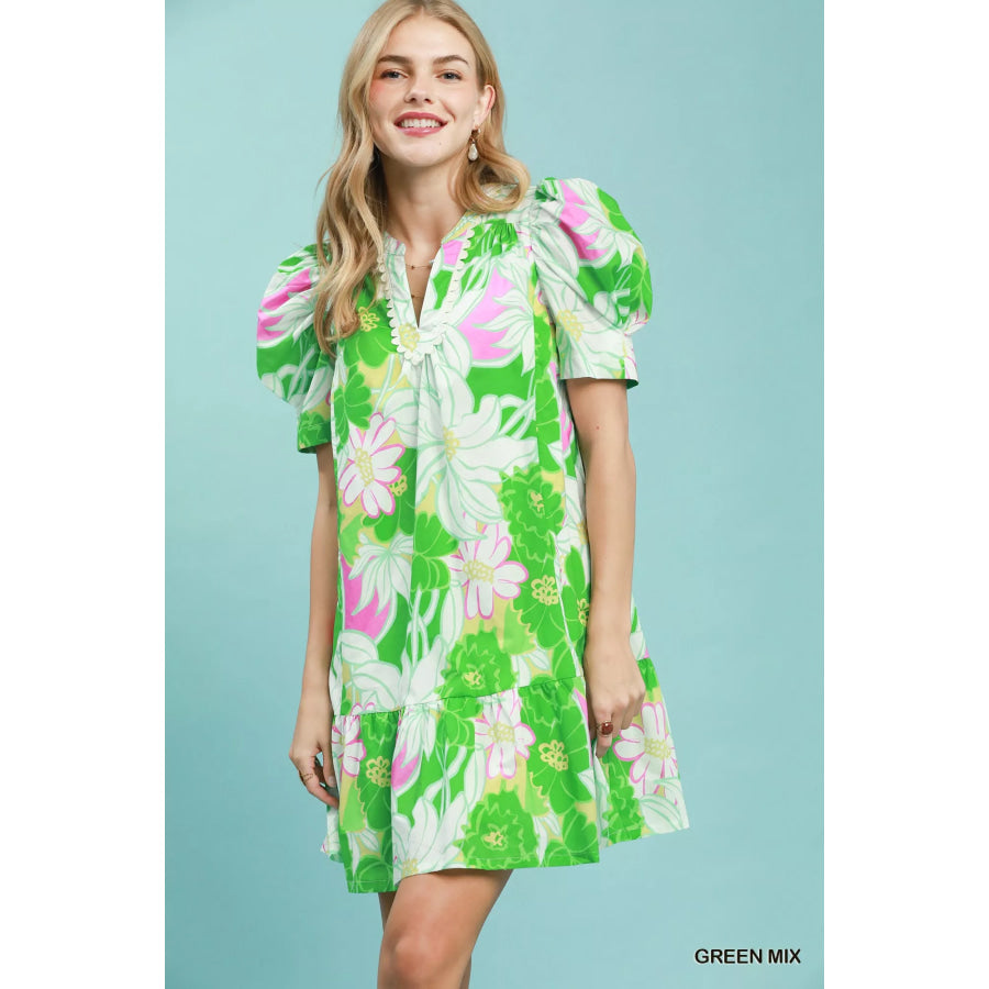 Umgee Floral Puff Sleeve Tiered Mini Dress GREEN MIX / S Apparel and Accessories