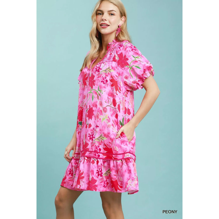 Umgee Floral Ruffle Hem Mini Dress PEONY / S Apparel and Accessories