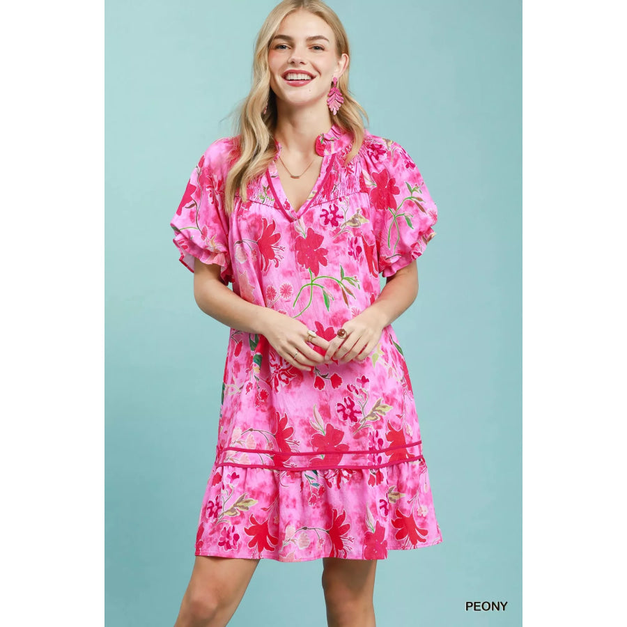 Umgee Floral Ruffle Hem Mini Dress PEONY / S Apparel and Accessories